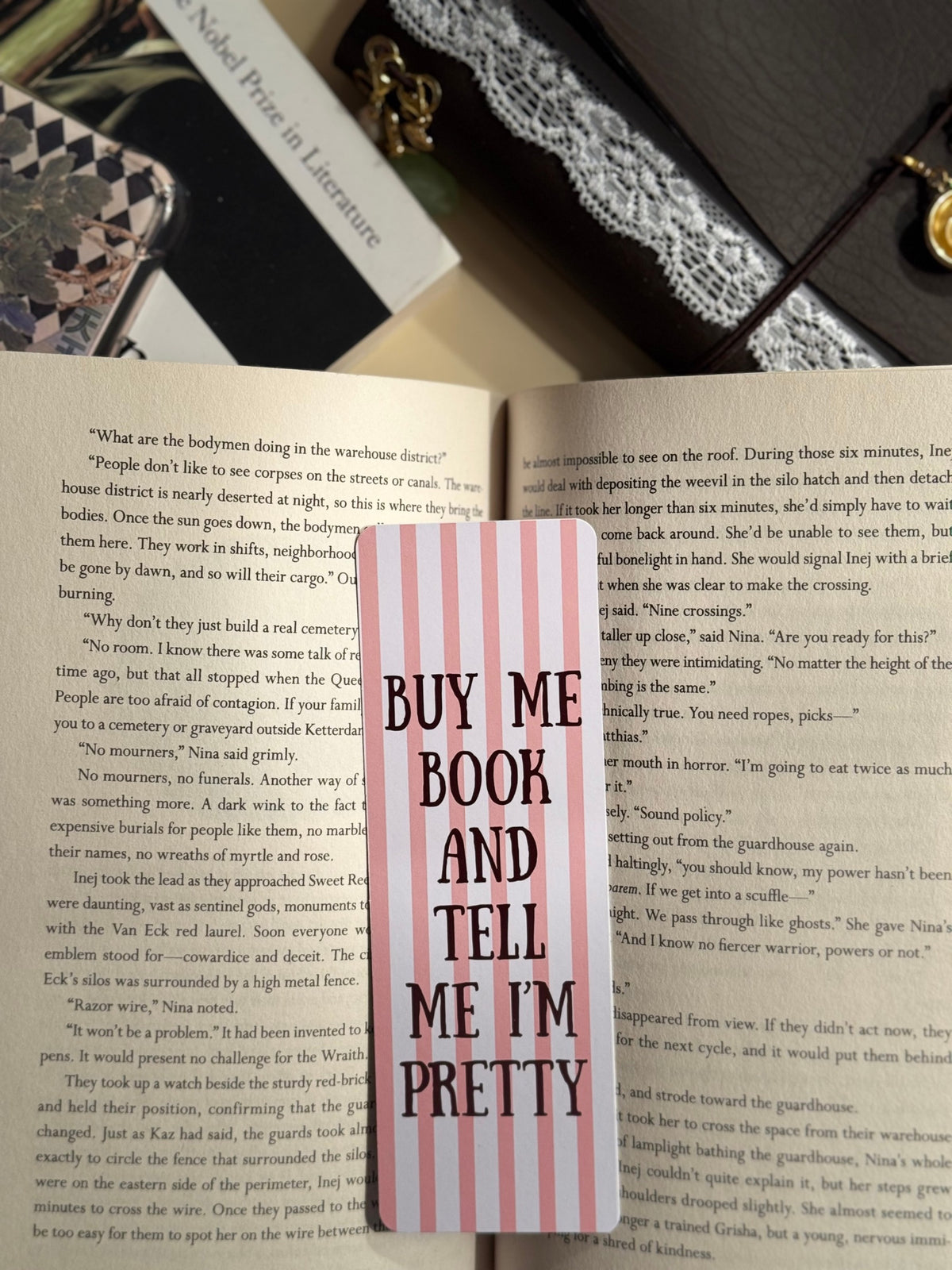 Buy Me Books And Tell Me I'm Pretty (White & Pink Strips) Bookmark image 1
