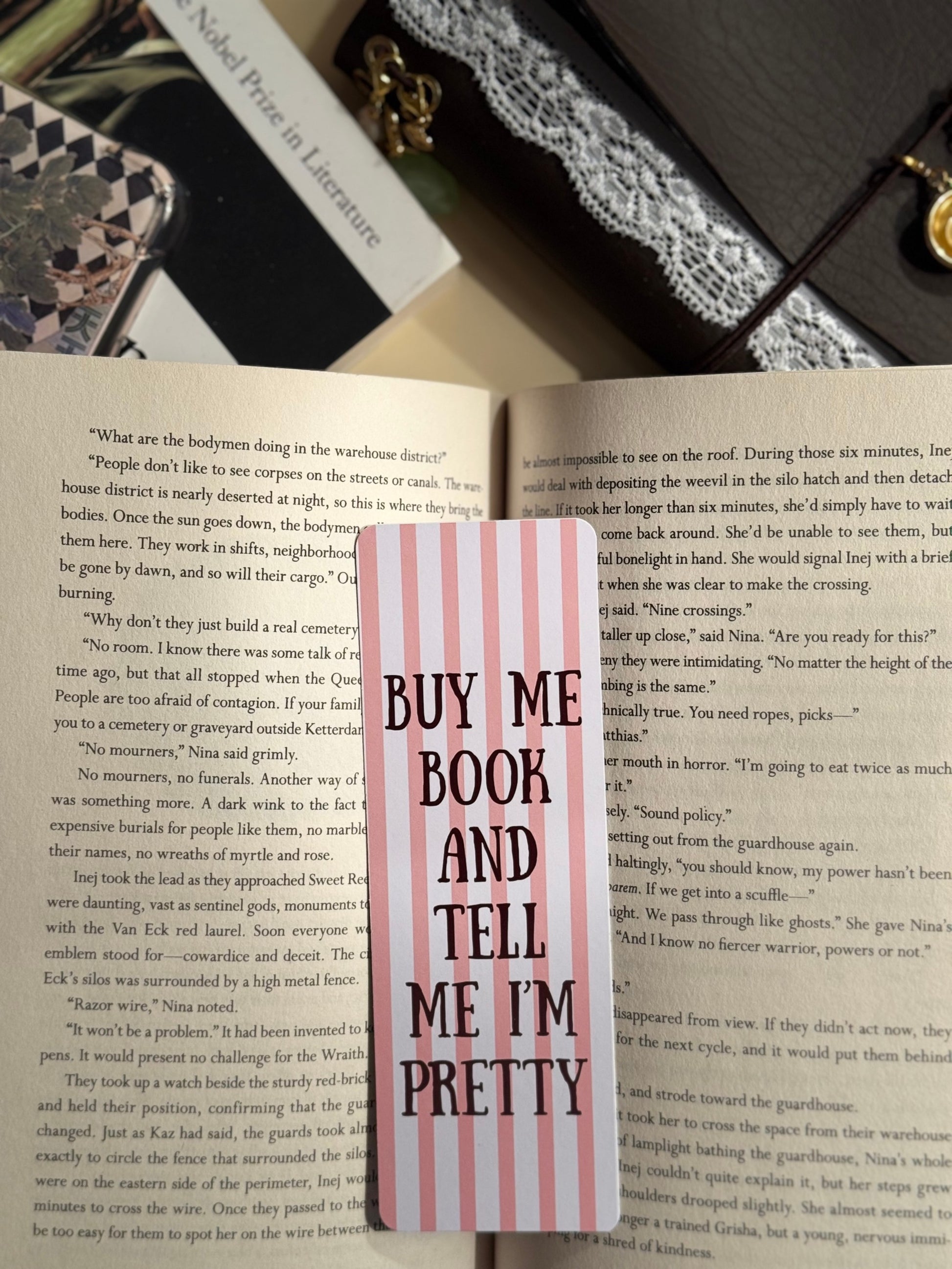 Buy Me Books And Tell Me I'm Pretty (White & Pink Strips) Bookmark image 1